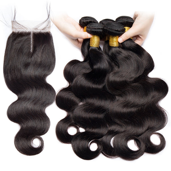ALIBELE HAIR Malaysian Body Wave 3 4 Bundles With Closure Natural Hair Weave Extensions Remy Human Hair Bundles With Closure