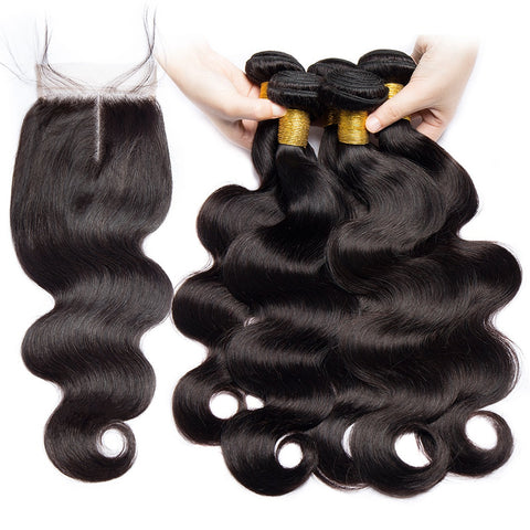 ALIBELE HAIR Malaysian Body Wave 3 4 Bundles With Closure Natural Hair Weave Extensions Remy Human Hair Bundles With Closure