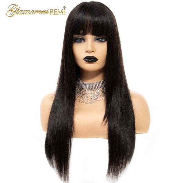 Glamorousremi Malaysian Straight Lace Front Wigs With Bangs 150% Density Human Virgin Hair Pre Plucked Glueless Lace Front Wig