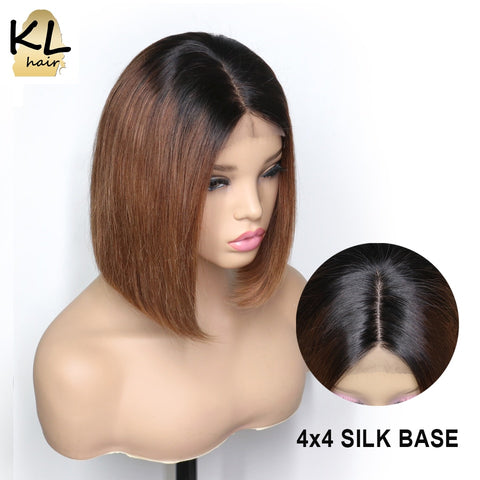 4*4 Silk Base Wigs For Black Women Human Hair Lace Wig Brazilian Remy Hair Ombre Color Short Bob Closure Wig With Baby Hair