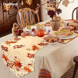 OurWarm 38X170cm Thanksgiving Maple Leaves turkey Table Runner Cloth Autumn Thanksgiving Christmas Table Decoration for Home