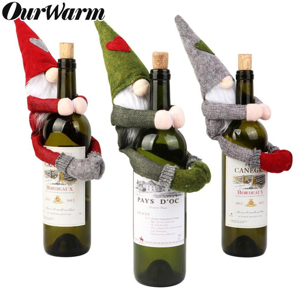 OurWarm Christmas Wine Bottle Covers Plush Faceless Doll Bottle Wrapper Topper Hats Santa Clothes Christmas Decoration for Home