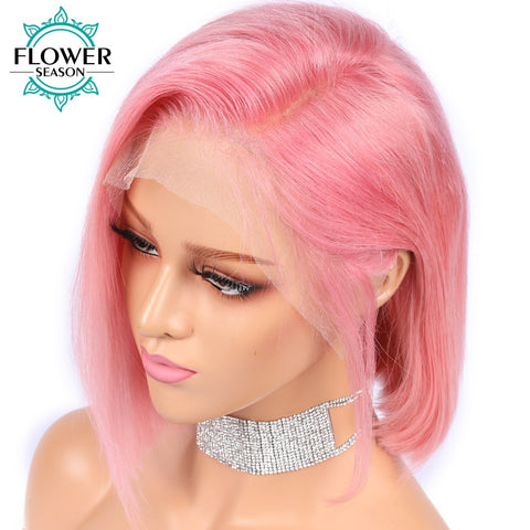 Pink Color Short Bob Wig 13x6 Lace Front Human Hair Wigs Indian Remy Hair Pre Plucked Hairline Bleached Knots FlowerSeason