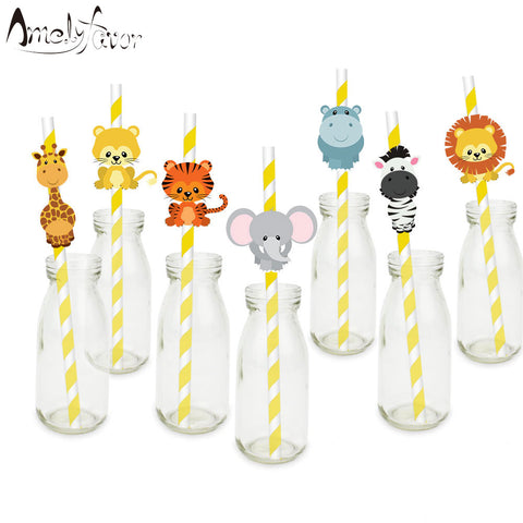 Safari Party Animals Straw 21PCS Paper Straws Jungle Birthday Party Festive Supplies Decoration Paper Drinking Straws Holiday