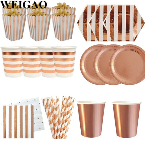 WEIGAO Rose Gold Party Disposable Tableware Champagne Cup Plate Straws 1st Birthday Party Decor Kids Baby Shower Party Supplies